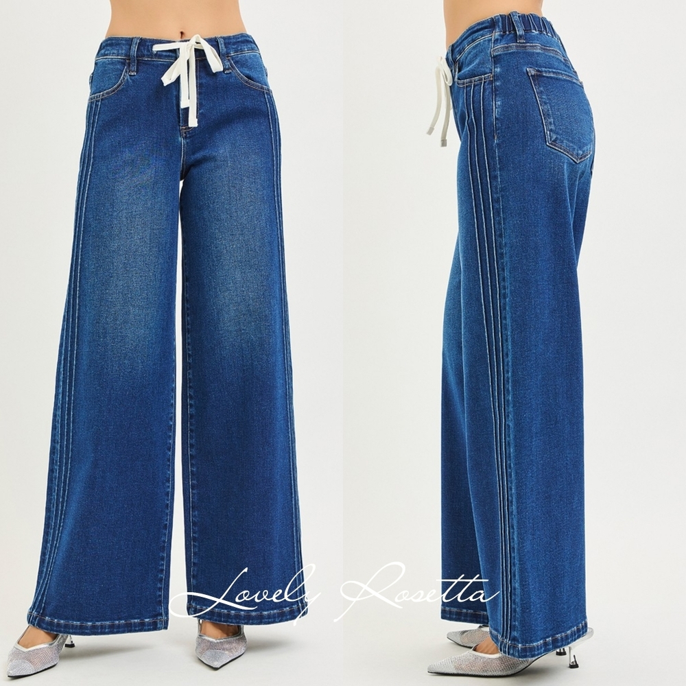 Wide-Leg Blue Jeans with White Drawstring